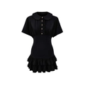 Elegant black short sleeve dress with Peter Pan collar and layered ruffle hem - S / Black