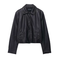 Classic black short faux leather jacket for women with shirt collar and front zipper - XS / Black