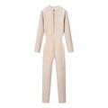 Women's beige ribbed knit jumpsuit with long sleeves and front half-zipper closure - S / Milky White