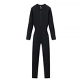 Women's slim fit long sleeve knit jumpsuit with half-zipper neckline in solid black color - S / Black