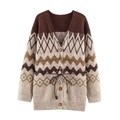 Vintage gebreid vest met geometrische jacquard, V-hals en tailleriem in bruin - S / Zoals getoond