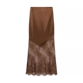 Elegant dark brown satin midi skirt featuring delicate lace patchwork and glossy finish - S / Brown