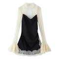 Vestido elegante de satén negro con encaje blanco y mangas acampanadas para mujer - XS / Blanco y Negro