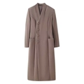 Dettagli del cappotto in lana kaki scuro con scollo a V senza colletto e bottoni frontali - S / Cachi