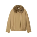 Women's khaki bomber jacket featuring a plush dark brown faux fur collar and elastic hem - XS / Khaki