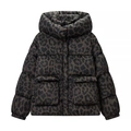 Dunkelgraue Pufferjacke mit Leopardenmuster, Kapuze, großen Taschen und elastischen Bündchen - S / Dunkelgrau Leopard