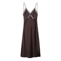 Dark brown satin midi slip dress with lace trim and delicate thin straps on white background - XS / Coffee