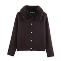 Women's dark brown knit cardigan with faux fur collar and decorative gold buttons - S / Coffee