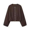 Detail view of coffee wool bomber jacket with silver metal zipper and elastic ribbed cuffs - Dark Brown
