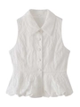 Details des weißen ärmellosen Peplum-Oberteils mit floralem Jacquard und Stoffknöpfen - S / Weiß