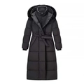 Cappotto invernale lungo trapuntato da donna con cappuccio in pelliccia e coulisse - S / Nero