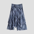 Dettaglio gonna midi asimmetrica a quadri a vita alta con balze e pieghe raffinate - XS / Scozzese Blu Grigio