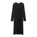 Elegantes schwarzes Midi-Kleid aus floraler Spitze mit langen Ärmeln und Wimpernspitze - XS / Schwarz