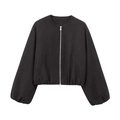 Detail of black wool bomber jacket featuring silver metal zipper and elastic hem - Black