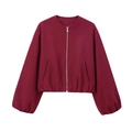 Burgundy short zip-up bomber jacket with a clean round neck and metallic silver zipper - Burgundy