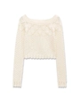 Detail eines cremefarbenen Strickpullovers mit Häkelmustern und Wellenkanten - S / Gebrochenes Weiß