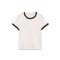 Elegant white knit top with contrasting black floral lace trim on neck and sleeves - S / White
