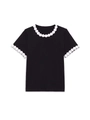 Close-up of contrast floral crochet lace trim on the collar of a black knit sweater - S / Black