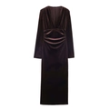 Elegant deep brown V-neck velvet dress with long sleeves and high waist pleated detail - XS / Dark Brown
