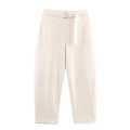 Pantaloni beige da donna a vita alta con cintura coordinata e fibbia a D metallica - XS / Bianco Sporco