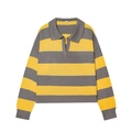 Pull en maille rayé automne pour femme avec col polo et manches longues jaunes et grises - S / Jaune Et Gris