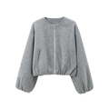 Detail of grey wool-like bomber jacket featuring metal zipper and drop shoulder design - XS / Gray