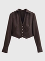 Detail eines braunen Nadelstreifen-Cardigans mit V-Ausschnitt und weißen Knöpfen - XS / Braun