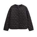 Women's black quilted jacket featuring unique heart-shaped patterns and front pockets - XS / Black
