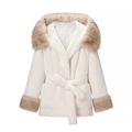 Elegant cream faux fur coat with brown fur collar, belted waist and quilted lining - S / White