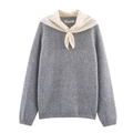 Jersey de punto gris oscuro para mujer con cuello de encaje blanco y detalle de lazo - S / Gris