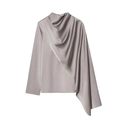 Elegante silbergraue Satinbluse mit langen Ärmeln, Wasserfall-Ausschnitt und Seidenglanz - XS / Hellgrau