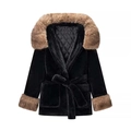 Women's winter faux fur coat in black with brown faux fur collar and waist tie belt - S / Black