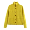 Cardigan in maglia strutturata giallo senape con collo alto e bottoni marroni - S / Giallo Senape