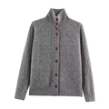 Cardigan grigio da donna con collo alto, bottoni marroni e dettagli in maglia a coste - S / Grigio