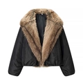 Chaqueta de invierno para mujer en negro con corte holgado y cuello de pelo sintético marrón - S / Negro