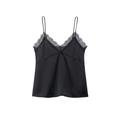 Elegant black satin camisole with V-neckline and delicate lace trim for women - Black