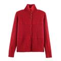 Detail of red high-neck knit cardigan with textured ribbing and dark buttons - Red