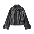 Short faux leather moto jacket with wide lapels and adjustable cuffs on white background - XS / Black