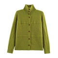 Close-up of grass green knit cardigan featuring high neck and textured button detail - Olive Green
