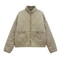Detailed view of light olive quilted jacket featuring stand collar and metal zipper closure - Olive Green