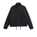Women black quilted jacket with standing collar and large pockets on white background - XS / Black