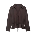 Camisa de satén marrón oscuro de manga larga con cuello en V y cordón ajustable en cintura - XS / café