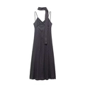 Elegante zwarte midi-jurk met polkadots, bijpassende sjaal en een diepe V-hals - S / Zwarte Polkadot