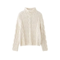 Cream cable knit sweater with mock neck and intricate thick braided texture patterns - S / Off White