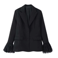 Detail of black blazer featuring luxurious feather trim cuffs and classic notch lapels - S / Black Top