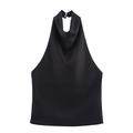 Detail of black satin halter top featuring a deep V-neck and button closure on back - XS / Black