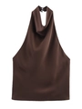 Detailed view of dark brown satin halter top with elegant neck buttons and silky texture - XS / Coffee