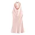 Detail of elegant pink satin halter neck dress with draped neckline and silky finish - XS / Pink