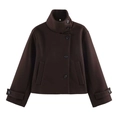 Detailed view of chocolate brown wool jacket featuring stand collar and large buttons - XS / Coffee