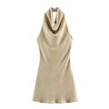 Elegant champagne gold satin cowl neck sleeveless halter midi dress with a backless design - XS / Camel